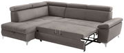 Graues Ecksofa mit Schlaffunktion, ausgezogen, Perspektive von vorne rechts