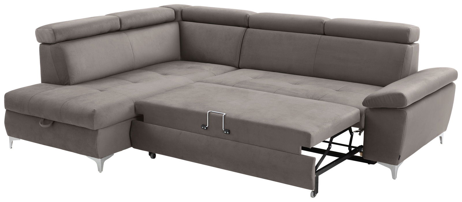 Graues Ecksofa mit Schlaffunktion, ausgezogen, Perspektive von vorne rechts