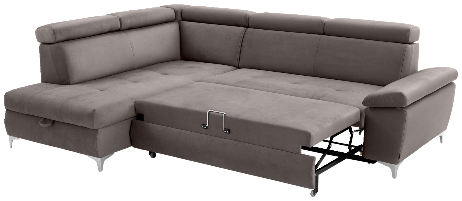 Graues Ecksofa mit Schlaffunktion, ausgezogen, Perspektive von vorne rechts
