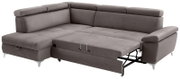 Graues Ecksofa mit Schlaffunktion, ausgezogen, Perspektive von vorne rechts