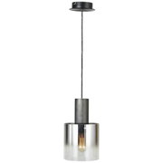 Moderne Hängelampe mit zylindrischem, transparentem Glasschirm und schwarzem Kabel, seitliche Perspektive.
