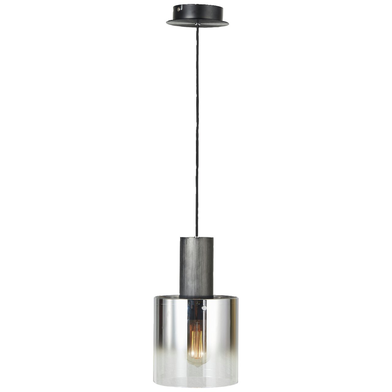 Moderne Hängelampe mit zylindrischem, transparentem Glasschirm und schwarzem Kabel, seitliche Perspektive.