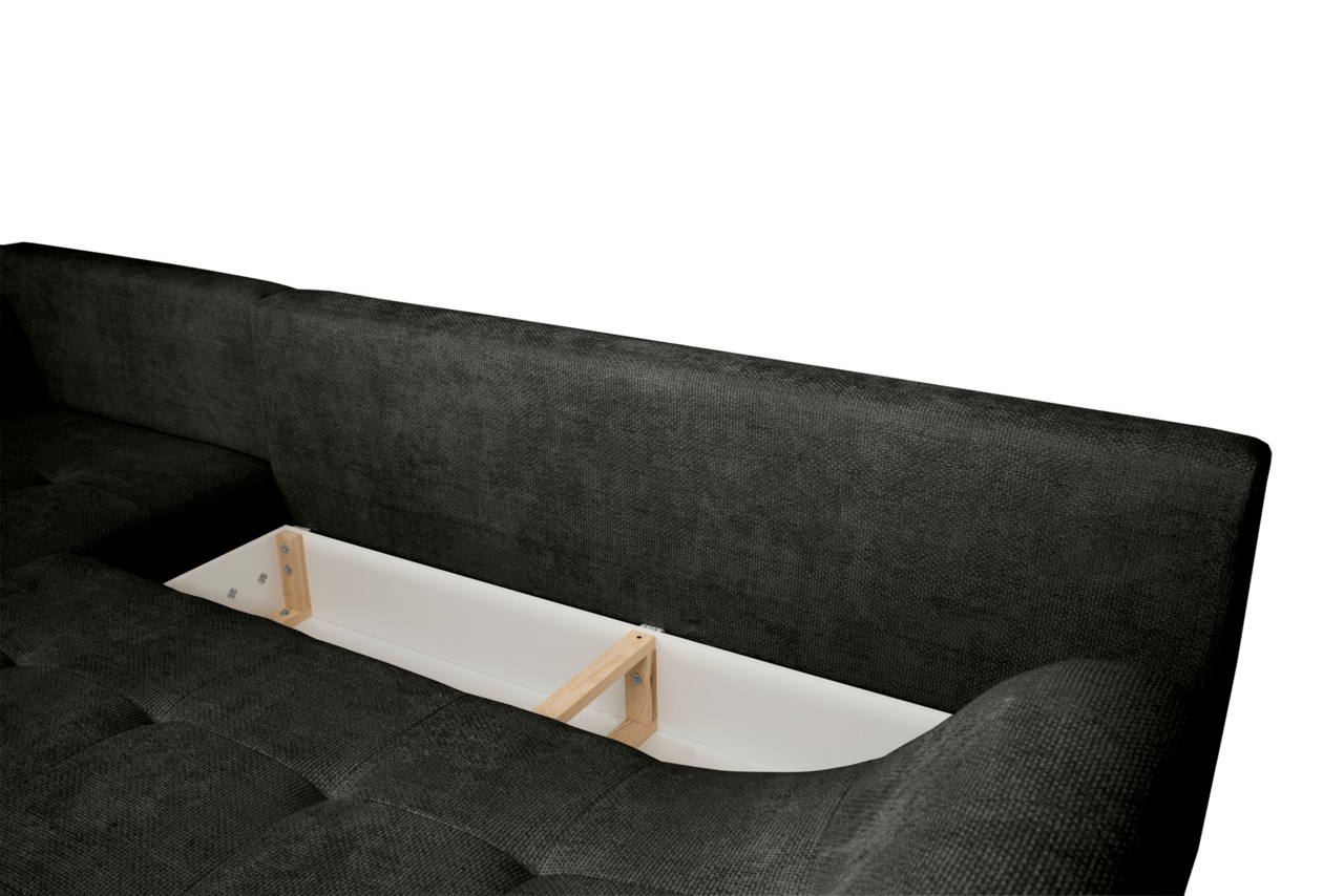 Rundecke mit Ottomane links in dunklem Stoff, Ansicht von oben mit geöffneter Stauraumfunktion.