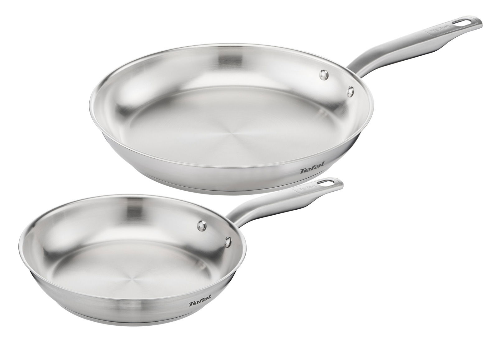 Zwei Edelstahlpfannen aus dem Pfannenset 2-tlg. Virtuoso, in einer leicht schrägen Perspektive von oben fotografiert.