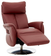 Moderner roter Fernsehsessel mit verstellbarer Rückenlehne und Fußstütze, seitliche Perspektive
