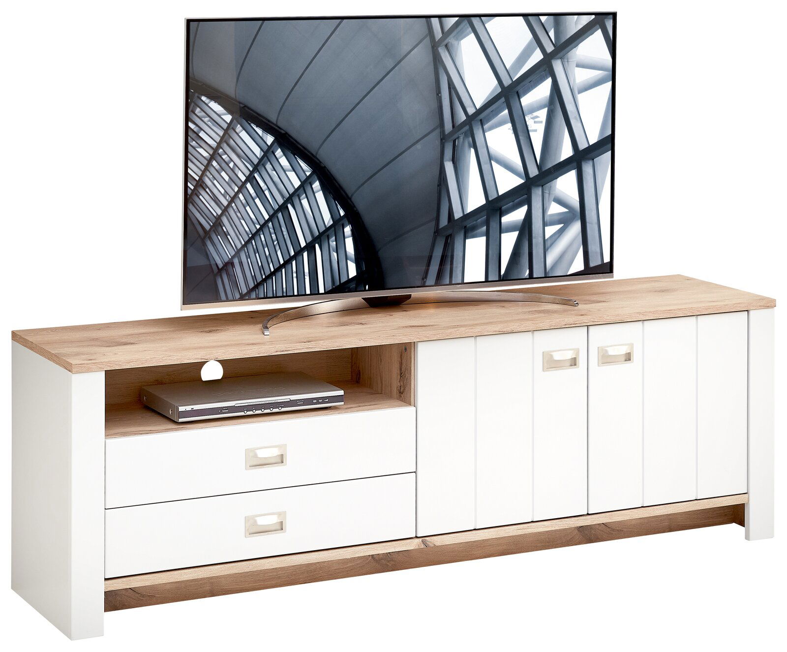 TV-Lowboard in Holzoptik mit weißem Korpus, zwei Schubladen und zwei Türen, frontal fotografiert.
