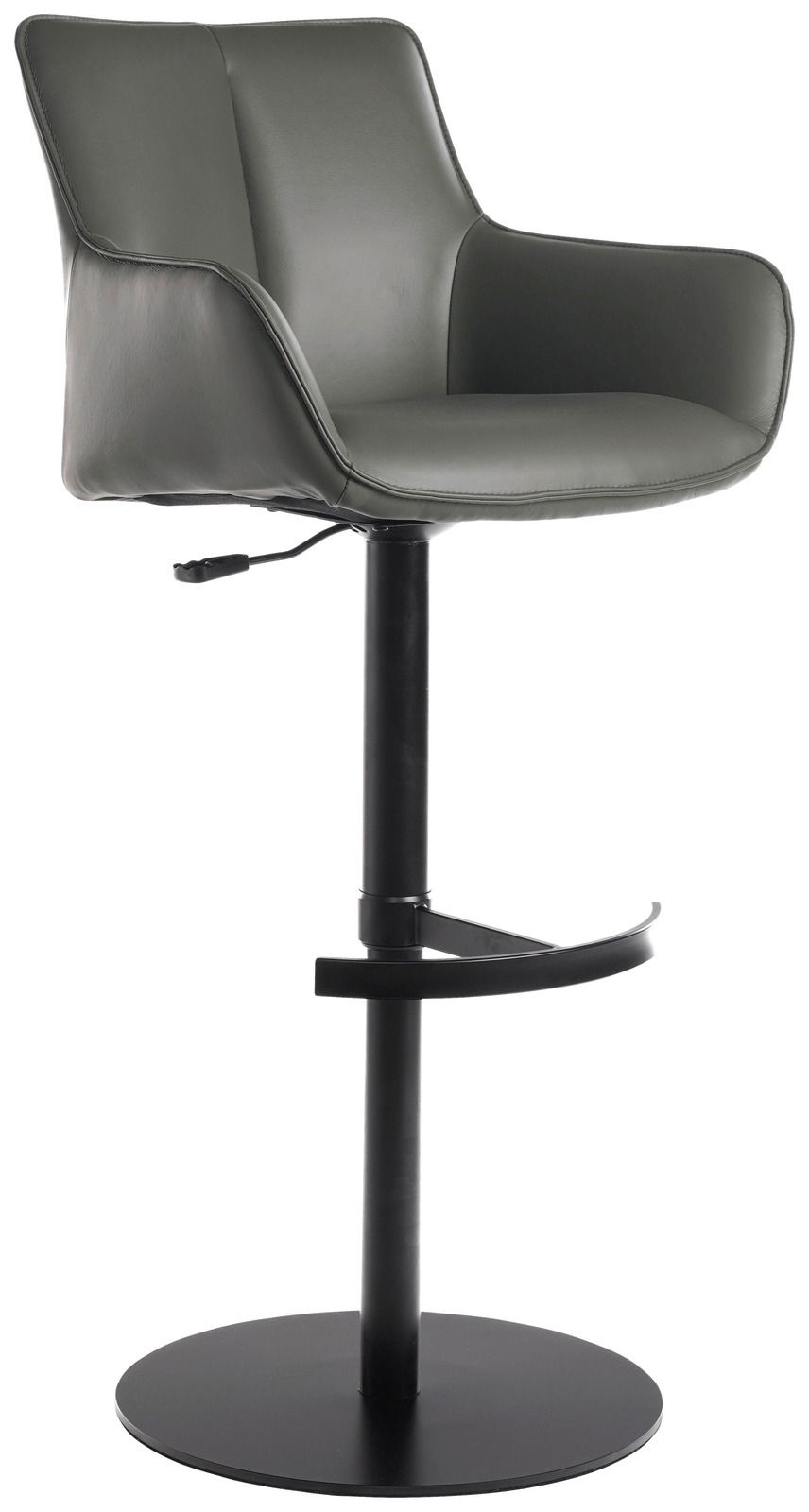 Moderner Barhocker YUKI in grauem Leder mit schwarzem Metallgestell, seitliche Perspektive