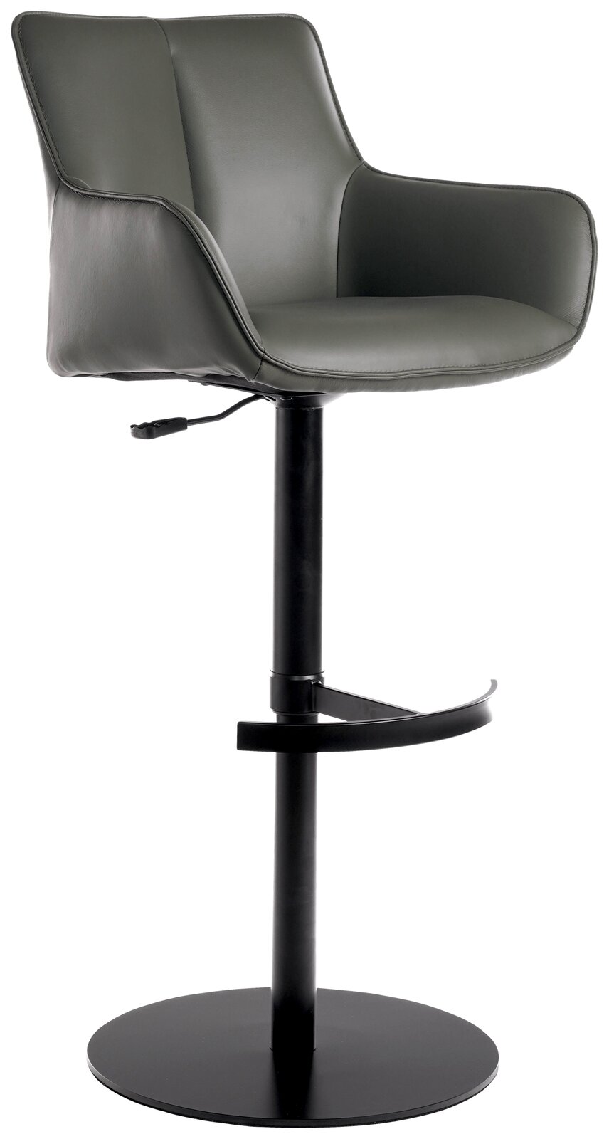 Moderner Barhocker YUKI in grauem Leder mit schwarzem Metallgestell, seitliche Perspektive