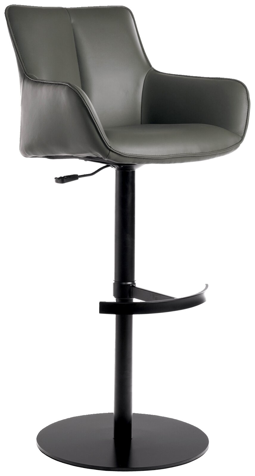 Moderner Barhocker YUKI in grauem Leder mit schwarzem Metallgestell, seitliche Perspektive