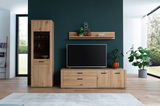 Frontale Ansicht der Cantus Wandkombination ASINARA in einem modernen Wohnzimmer mit Holzschränken, einem Fernseher und dekorativen Pflanzen.