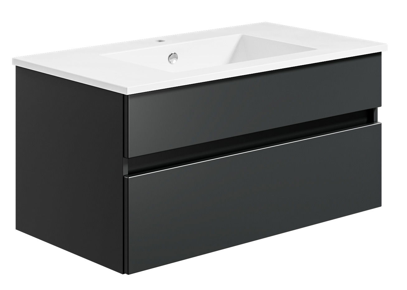 Moderne Badkombination mit schwarzem Unterschrank und weißem Waschbecken, seitliche Perspektive