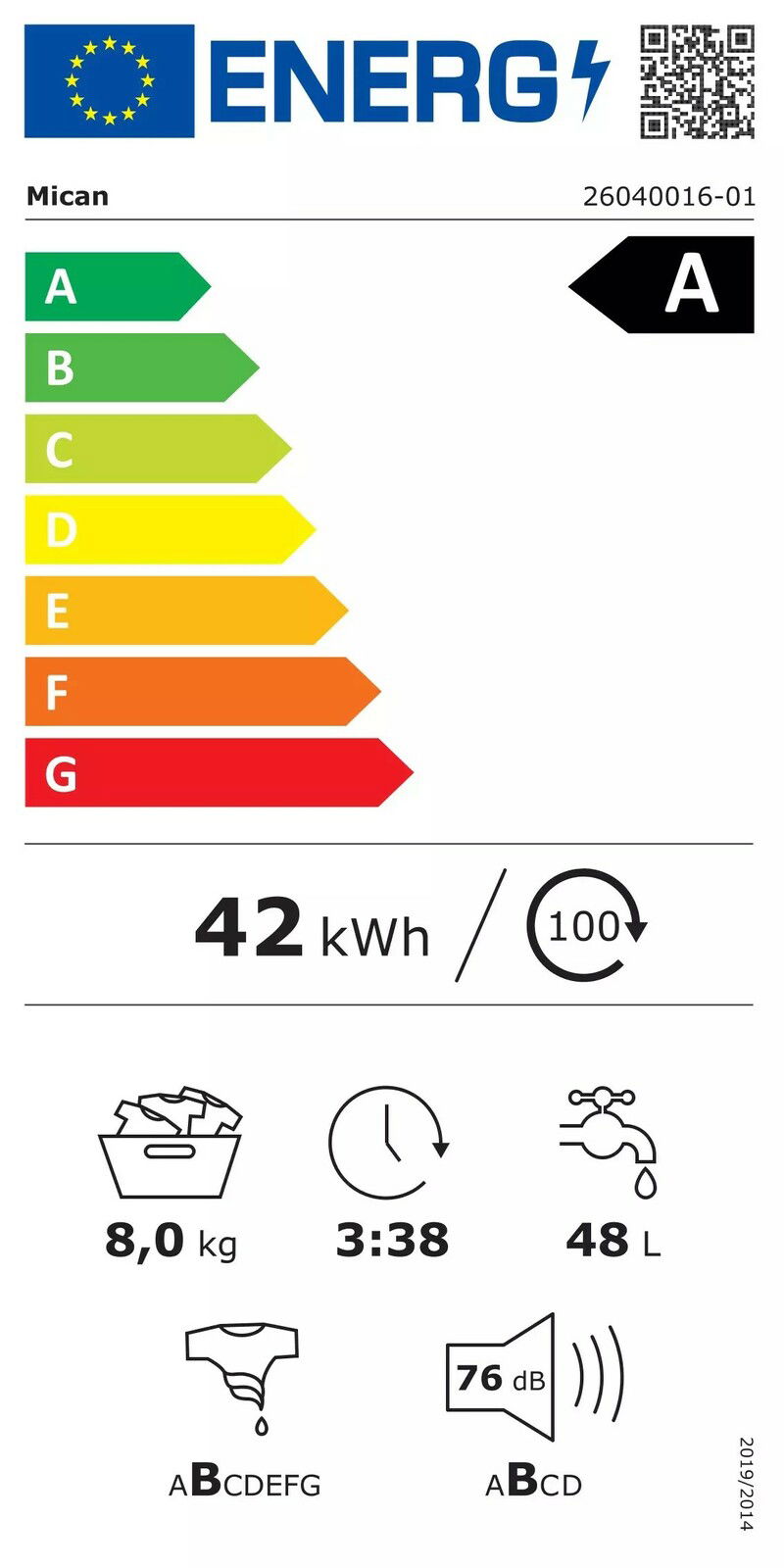 Energieeffizienzlabel für eine Stand-Waschmaschine mit der Energieklasse A, einem Energieverbrauch von 42 kWh, einer Kapazität von 8 kg, einem Wasserverbrauch von 48 Litern und einer Lautstärke von 76 dB. Frontalansicht.