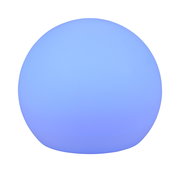 Runde, blaue Solar-Außenleuchte MELO aus seitlicher Perspektive