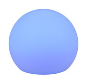 Runde, blaue Solar-Außenleuchte MELO aus seitlicher Perspektive