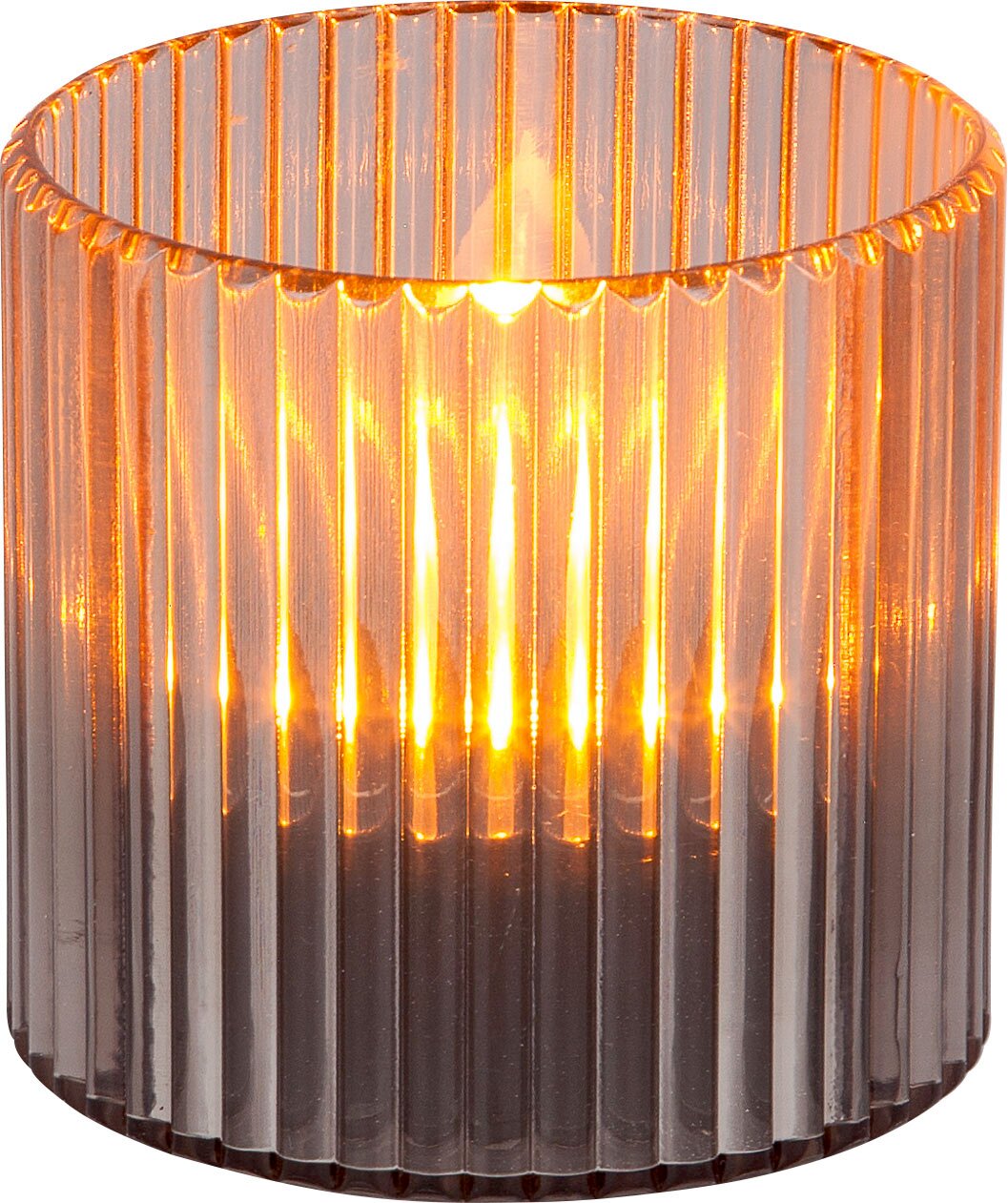 Zylindrische Solarleuchte mit geriffeltem Glasdesign, warmes Licht, Frontalansicht
