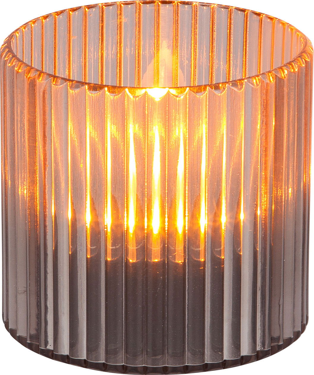 Zylindrische Solarleuchte mit geriffeltem Glasdesign, warmes Licht, Frontalansicht