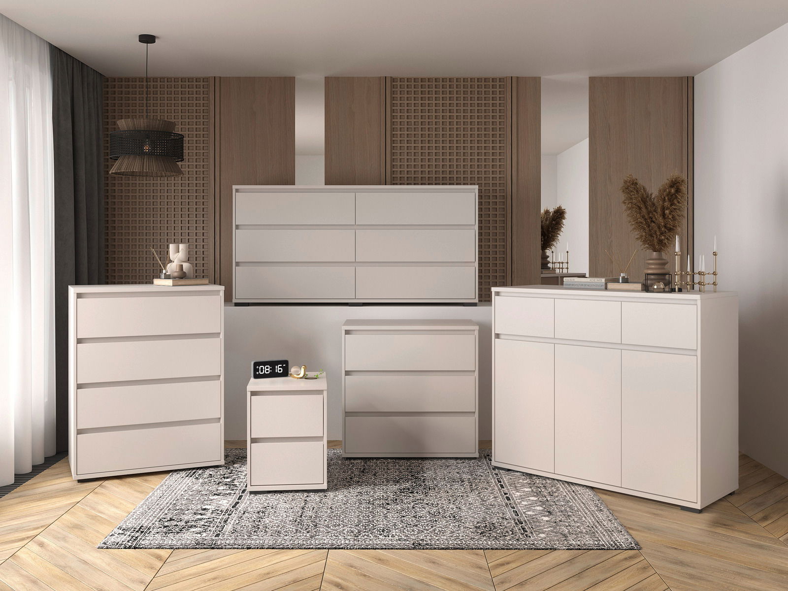 Moderne weiße Kommoden und Sideboards in einem stilvollen Raum mit Holzakzenten und Teppich, Frontalansicht.