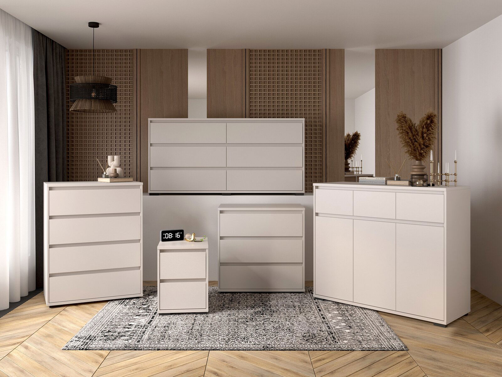 Carryhome Hochkommode LINE Moderne weiße Kommoden und Sideboards in einem stilvollen Raum mit Holzakzenten und Teppich, Frontalansicht.