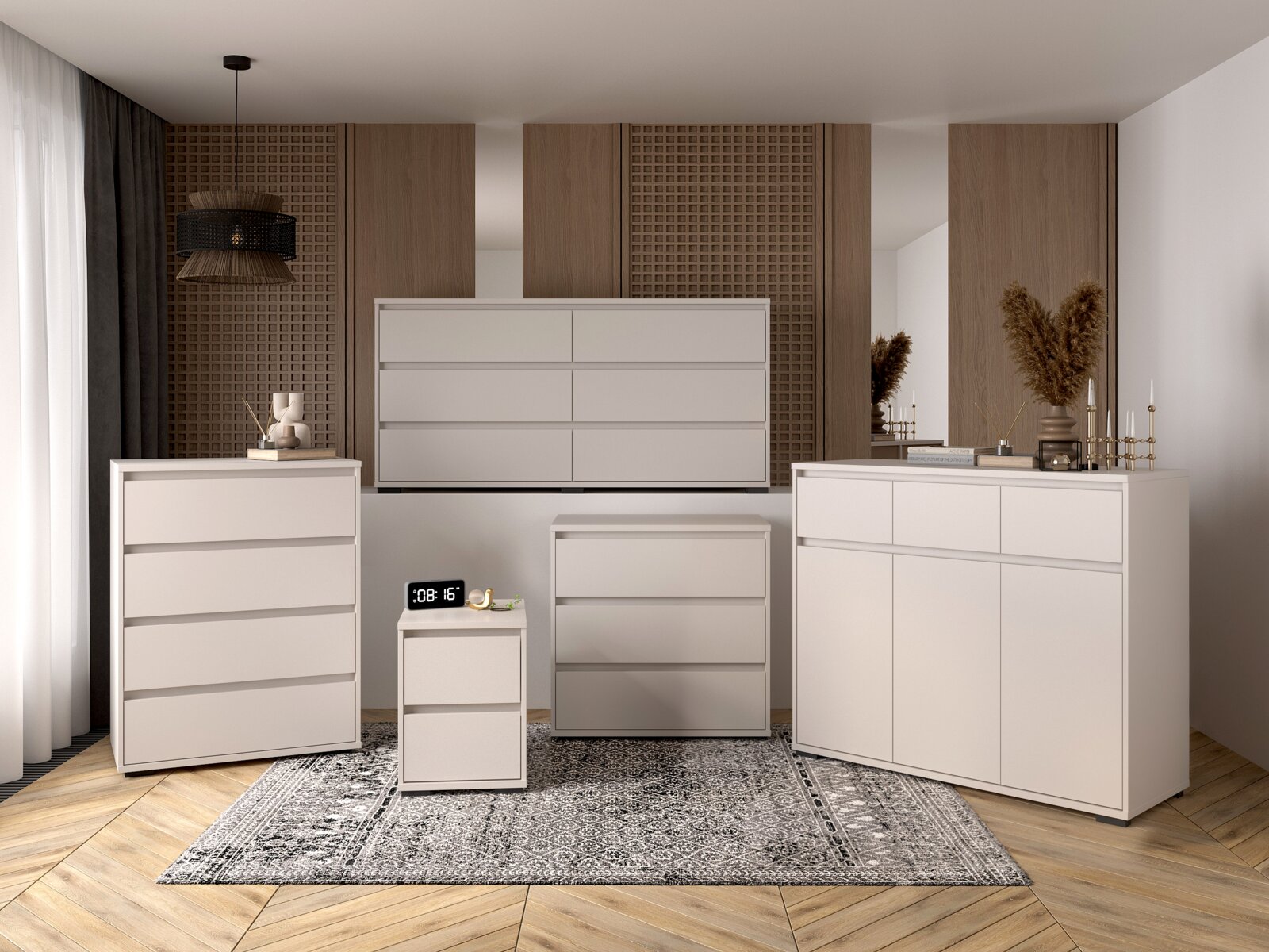 Carryhome Hochkommode LINE Moderne weiße Kommoden und Sideboards in einem stilvollen Raum mit Holzakzenten und Teppich, Frontalansicht.
