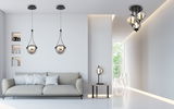 Moderne LED-Hängeleuchte SECCO in einem stilvollen Wohnzimmer, seitliche Perspektive