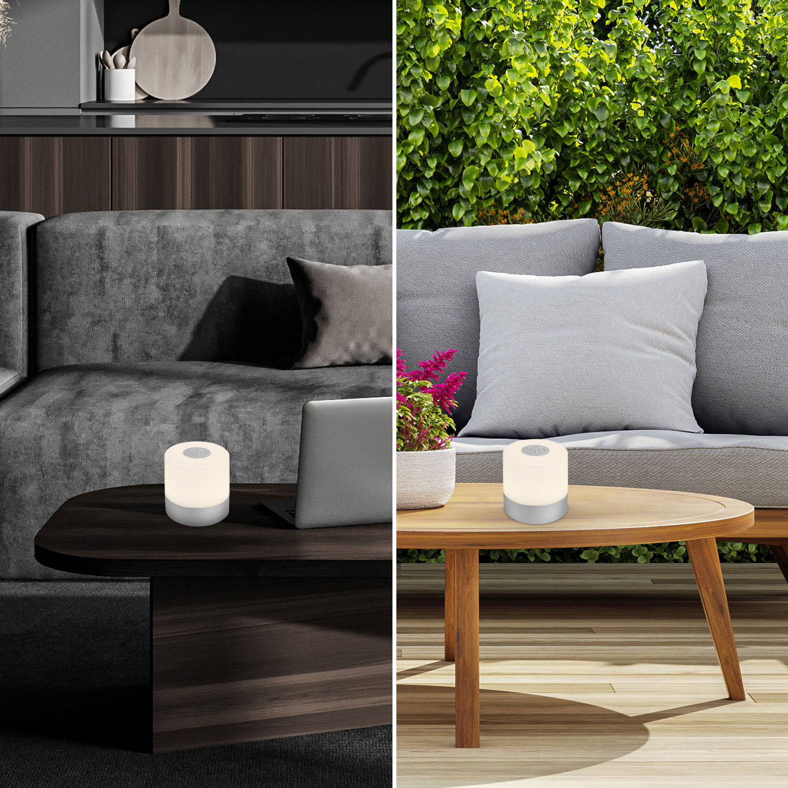 Akku LED Tischleuchte in modernem Design, präsentiert in einem Innenraum auf einem dunklen Holztisch und in einem Außenbereich auf einem hellen Holztisch.