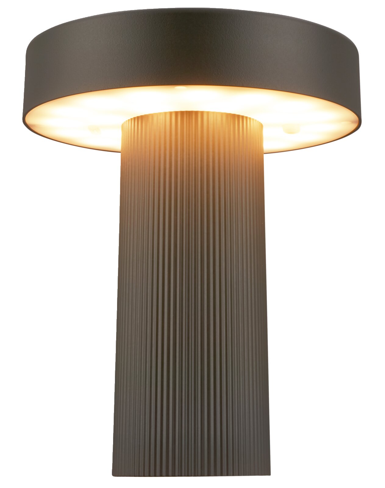 Moderne LED-Tischleuchte mit schwarzem, rundem Schirm und geriffeltem zylindrischem Fuß, warmweiß leuchtend, Ansicht von schräg unten auf weißem Hintergrund
