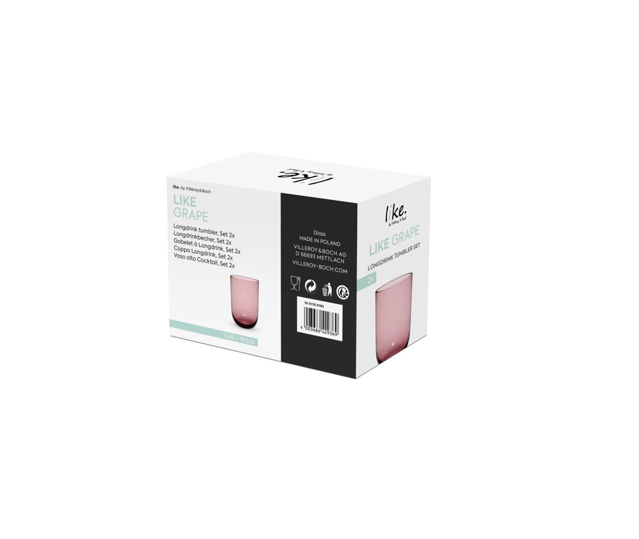 Verpackung des Longdrinkbecher Sets 2-tlg. in der Farbe Grape, perspektivisch von vorne rechts fotografiert.