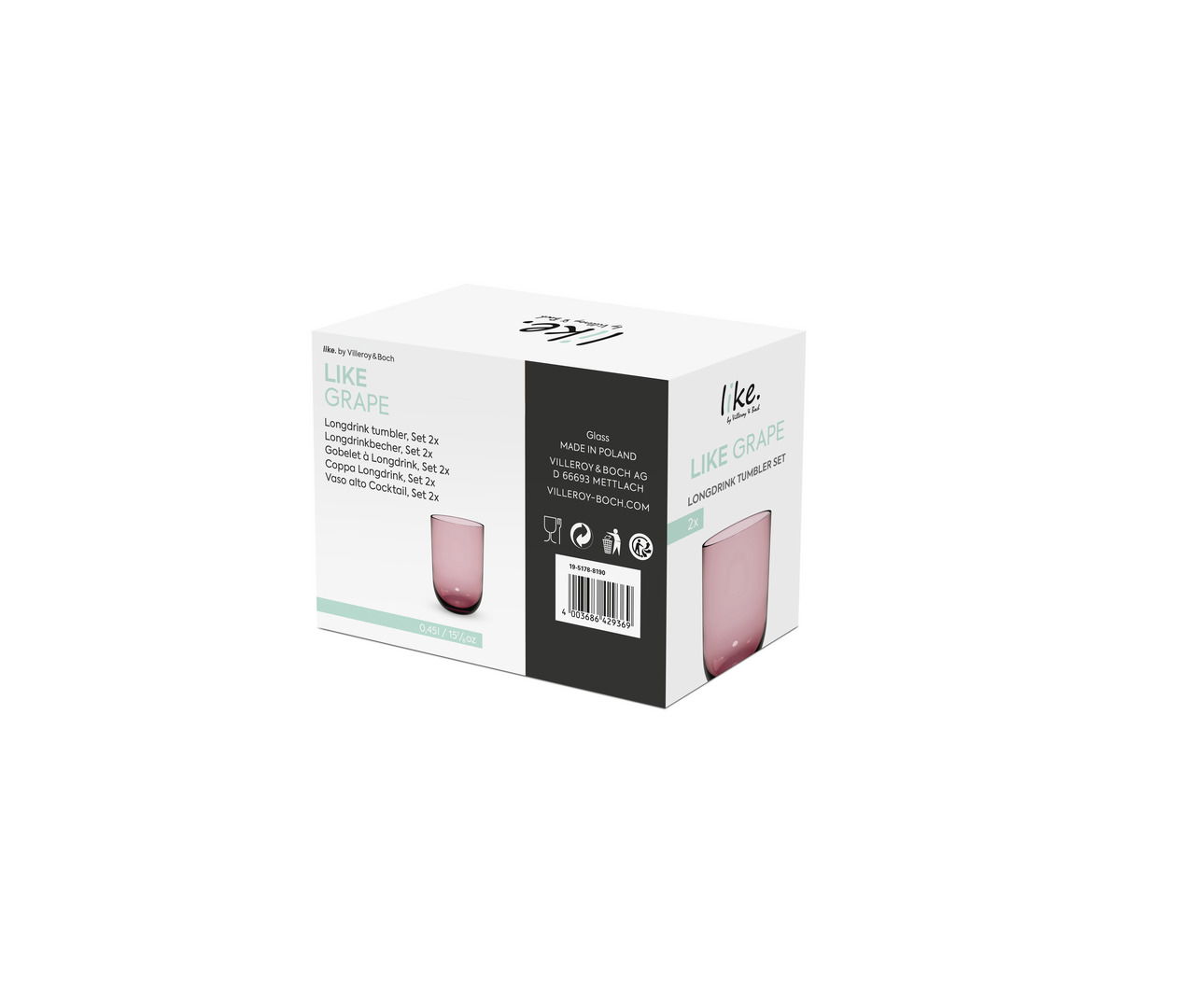 Verpackung des Longdrinkbecher Sets 2-tlg. in der Farbe Grape, perspektivisch von vorne rechts fotografiert.