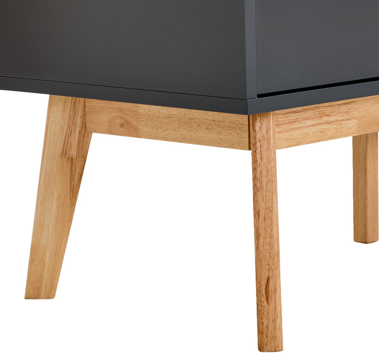 Nahaufnahme eines Highboards mit dunkler Oberfläche und hellen Holzbeinen, seitliche Perspektive