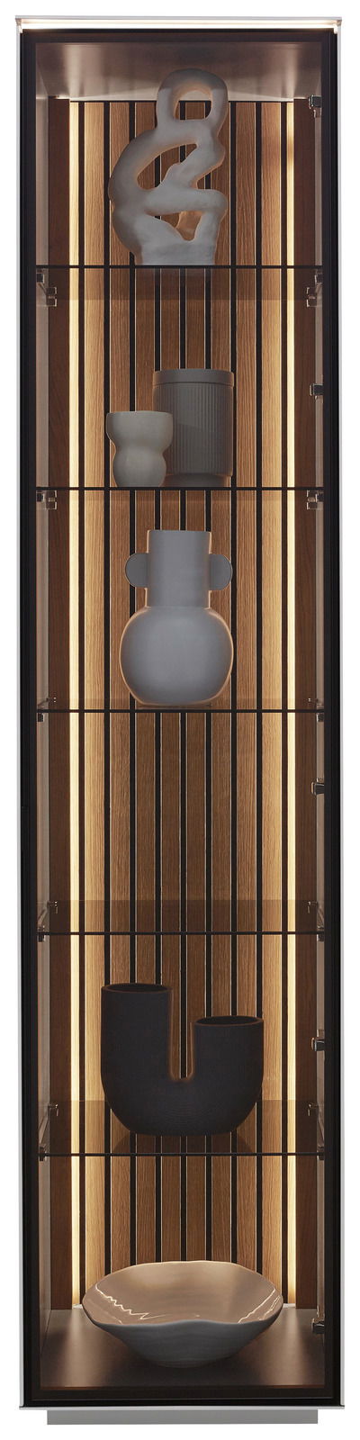 Vitrine mit moderner Dekoration, frontal betrachtet, mit beleuchtetem Holzrückwand und stilvollen Objekten.