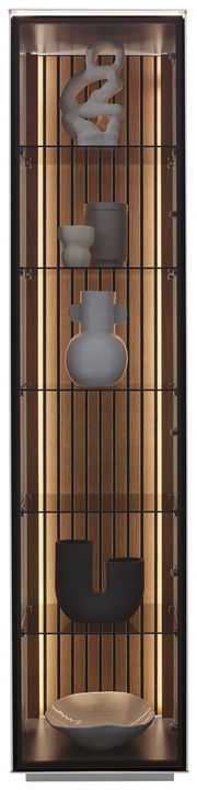 Vitrine mit moderner Dekoration, frontal betrachtet, mit beleuchtetem Holzrückwand und stilvollen Objekten.