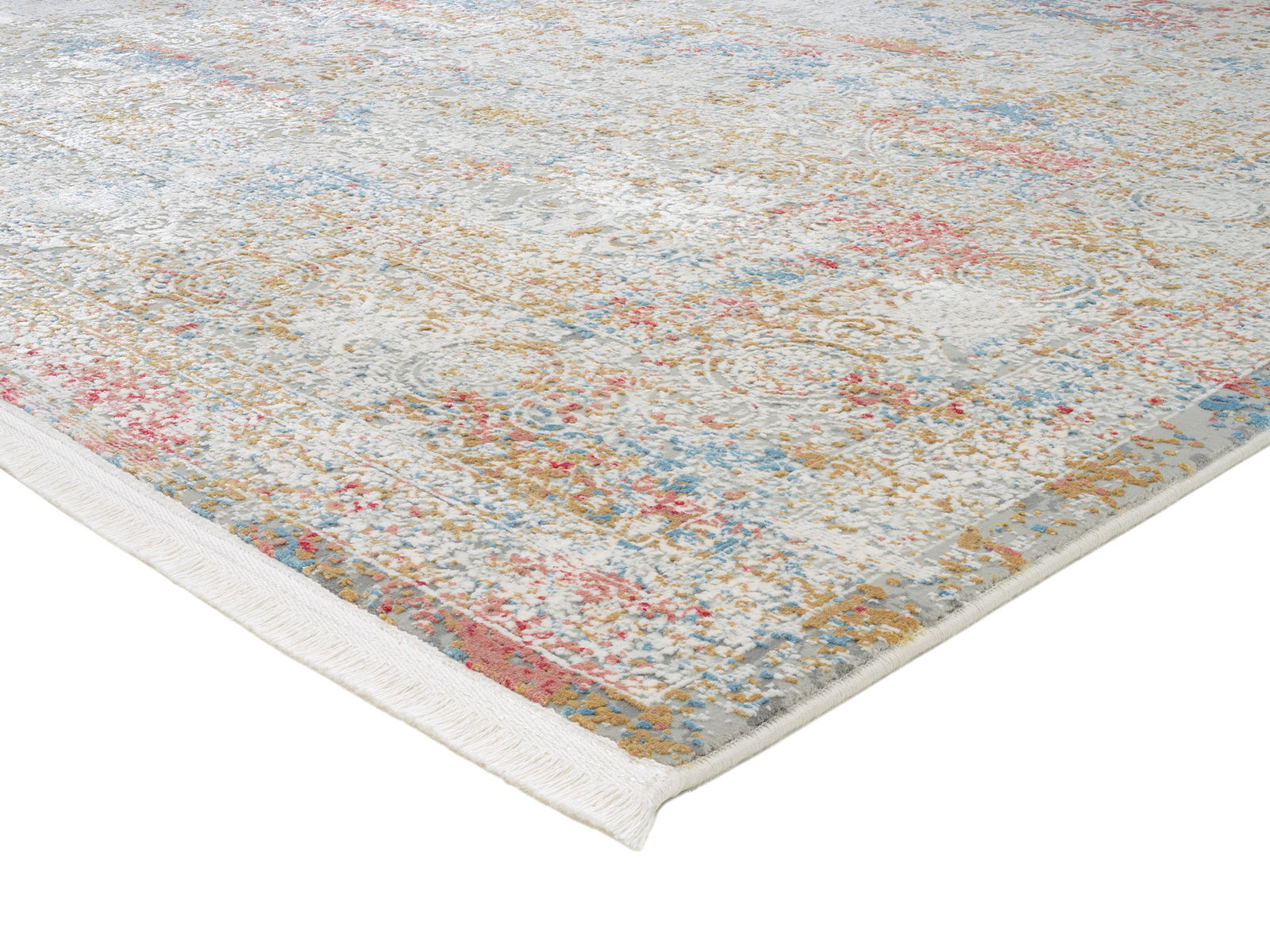 Designer Teppich mit buntem, abstraktem Muster in einer Nahaufnahme von der Seite.