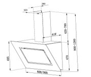 Technische Maßzeichnung einer schrägen Wand-Dunstabzugshaube mit Kamin (Breite 600/900 mm, Höhe 900–1260 mm), perspektivische Seitenansicht.