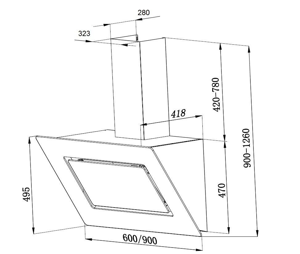 Technische Maßzeichnung einer schrägen Wand-Dunstabzugshaube mit Kamin (Breite 600/900 mm, Höhe 900–1260 mm), perspektivische Seitenansicht.