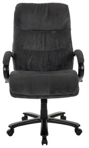 Frontansicht eines grauen Chefsessels mit geripptem Stoffbezug und schwarzen Armlehnen auf Rollen.