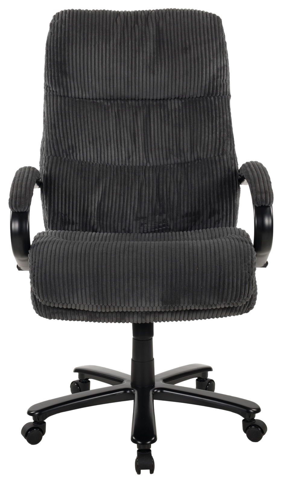 Frontansicht eines grauen Chefsessels mit geripptem Stoffbezug und schwarzen Armlehnen auf Rollen.