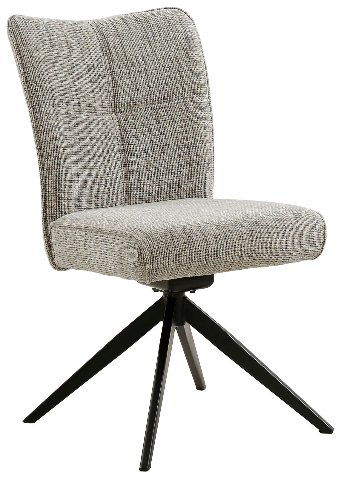 Moderner Stuhl THEODOR mit gepolstertem Sitz und Rückenlehne in grauem Stoff, auf schwarzem Metallgestell, seitliche Perspektive.