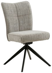 Moderner Stuhl THEODOR mit gepolstertem Sitz und Rückenlehne in grauem Stoff, auf schwarzem Metallgestell, seitliche Perspektive.