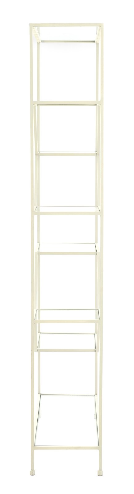 Weißes Standregal mit mehreren Glasböden, frontal fotografiert.