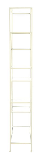 Weißes Standregal mit mehreren Glasböden, frontal fotografiert.