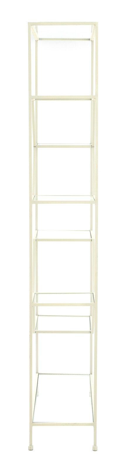 Weißes Standregal mit mehreren Glasböden, frontal fotografiert.