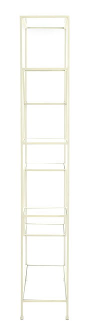 Weißes Standregal mit mehreren Glasböden, frontal fotografiert.