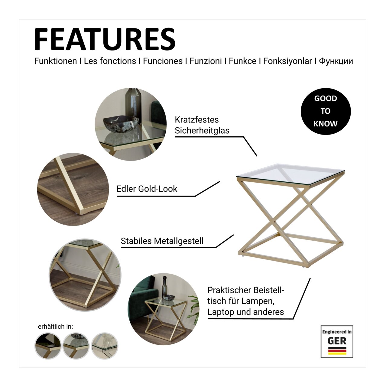 Moderner Beistell- oder Nachttisch mit kratzfestem Sicherheitsglas und stabilem Metallgestell in edlem Gold-Look, seitliche Perspektive.