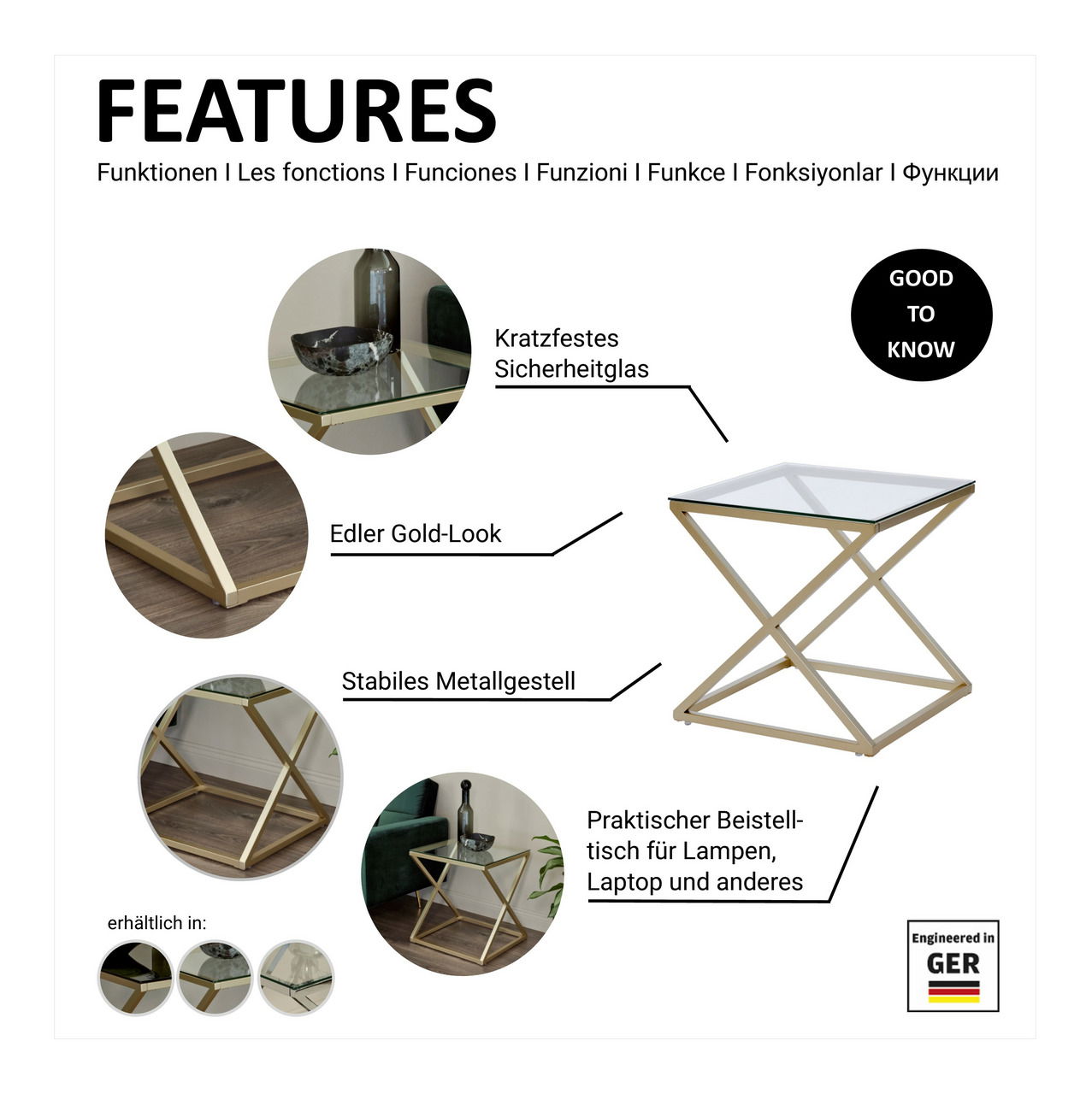 Moderner Beistell- oder Nachttisch mit kratzfestem Sicherheitsglas und stabilem Metallgestell in edlem Gold-Look, seitliche Perspektive.