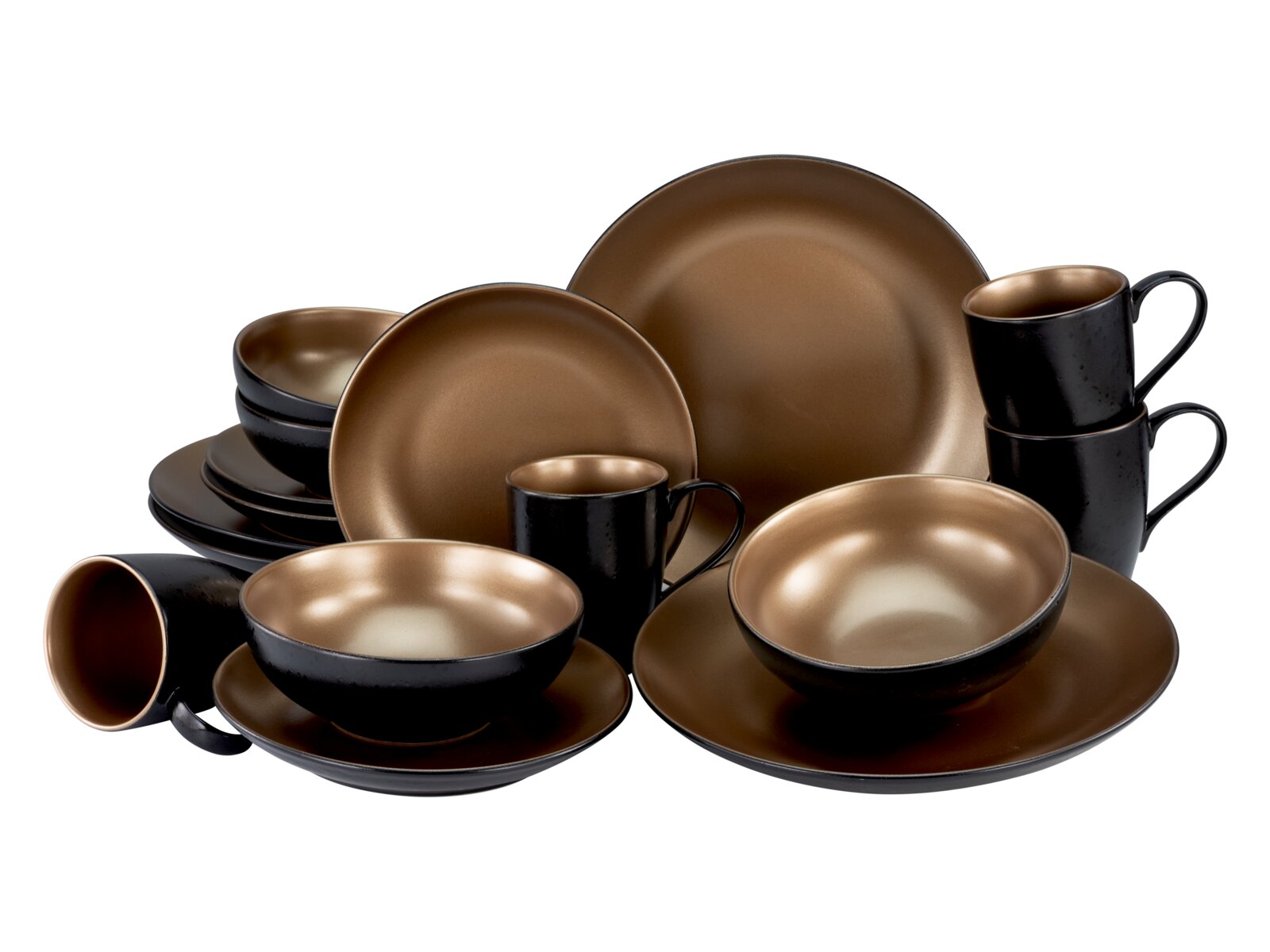 creaTable Kombiservice 16-tlg GLAMOUR GOLD Modernes Geschirrset in Schwarz und Bronze mit Tellern, Schalen und Tassen, schräg von vorne in Studioansicht auf weißem Hintergrund