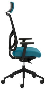 Moderner Drehstuhl mit blauer Polsterung und verstellbarer Kopfstütze, Seitenansicht.