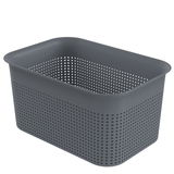 Graue, rechteckige Aufbewahrungsbox mit Löchern, seitliche Perspektive