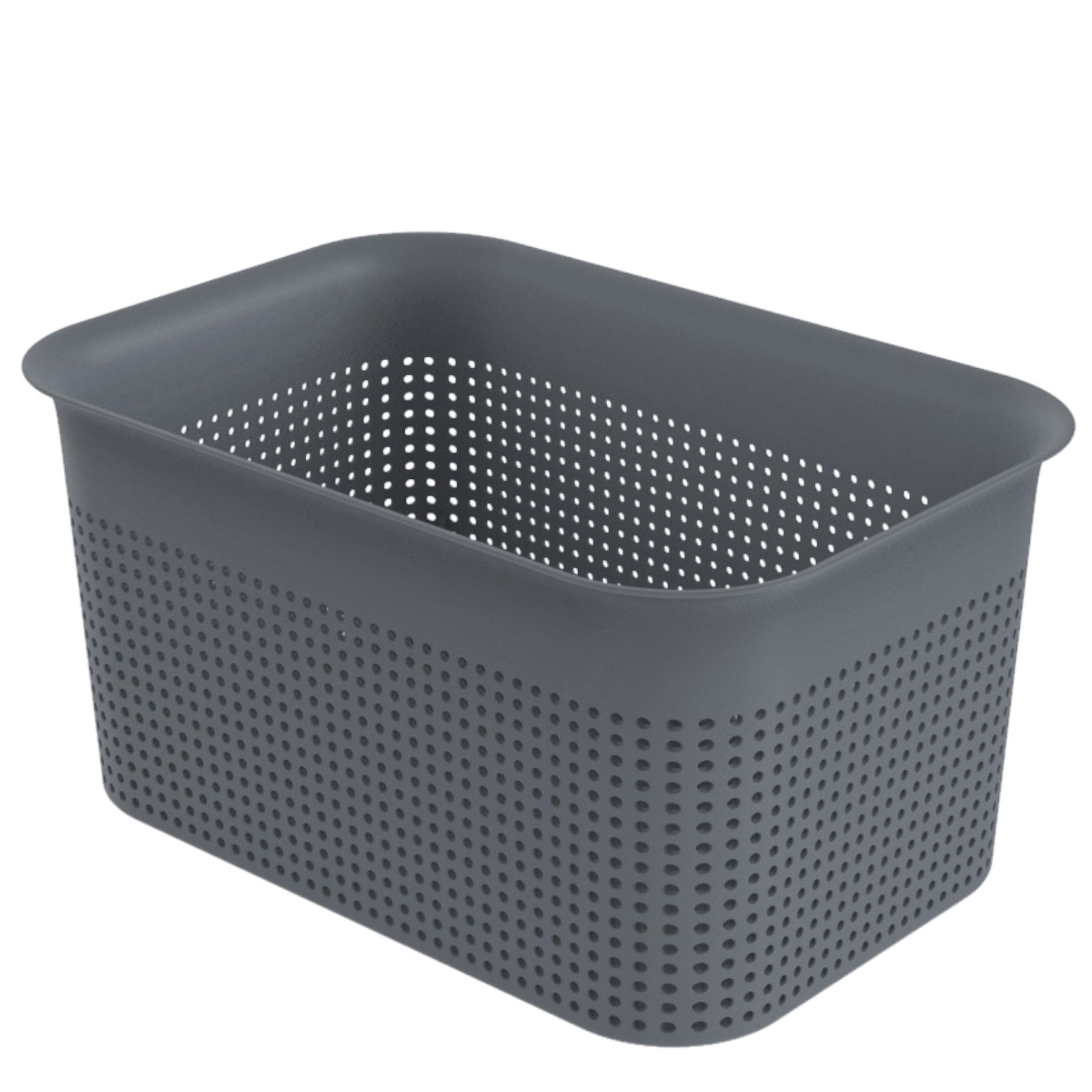 Graue, rechteckige Aufbewahrungsbox mit Löchern, seitliche Perspektive