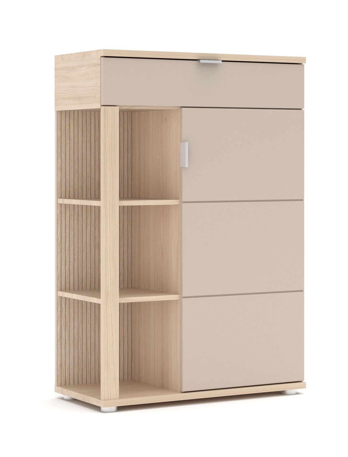 Moderner Schuhschrank aus Holz mit offenen Regalfächern und Schublade, seitliche Perspektive