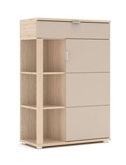 Moderner Schuhschrank aus Holz mit offenen Regalfächern und Schublade, seitliche Perspektive